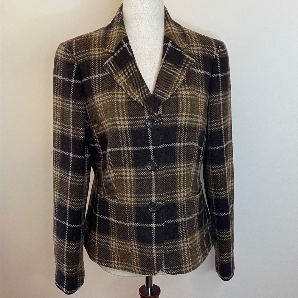 Lands’ End Wool Blend Plaid Blazer Women’s 10P Brown Cream Academia Cottagecore